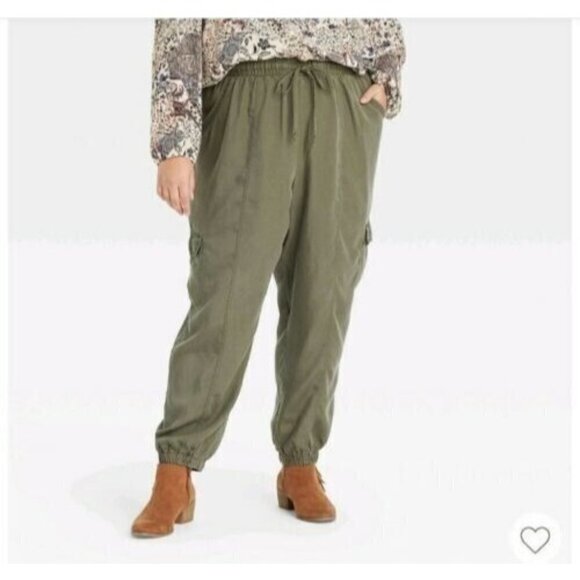 Knox Rose Olive Green Cargo Jogger Tencel Pants Drawstring Waist